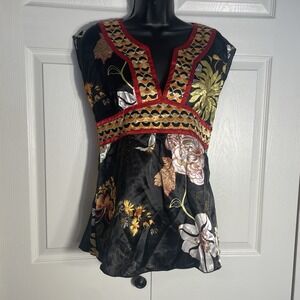 Wet Seal Babydoll Shirt Women M Black Floral Asian Inspired Sleeveless Y2K Top